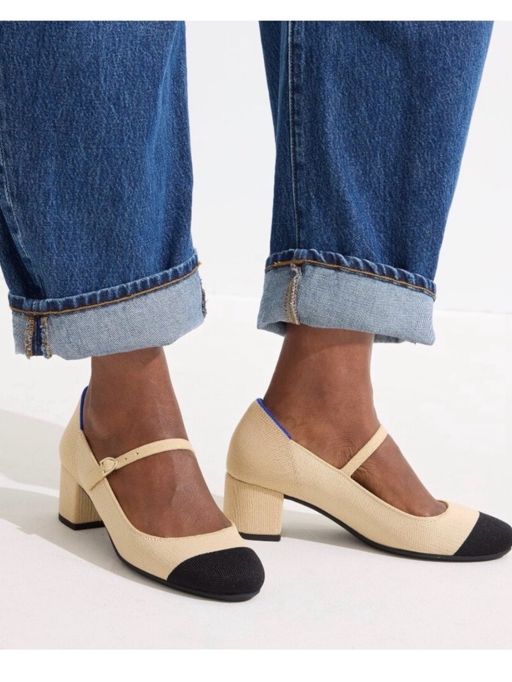 Rothy's the Wren capped toe Tan and Black Mary Jane heels
